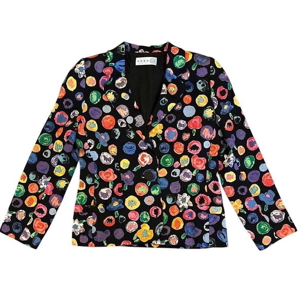 Vintage Black Blazer with Multicolor Polka Dot Print